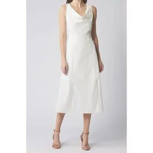 NWT Du Paradis Cream Sleeveless Cowl Neck Plissé Midi Sheath Silhouette Dress